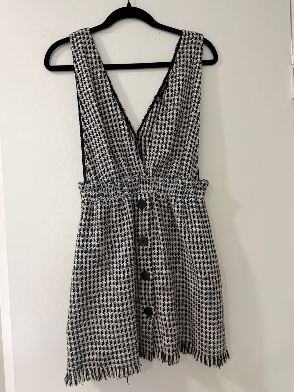 ZARA Houndstooth Tweed Mini Dress Navy Black Fringe Small